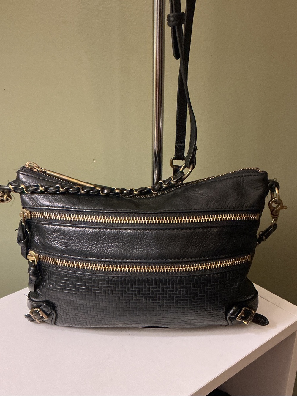 Elliott Lucca Black Leather Crossbody Bag with Gold Chain & Zipper Detail